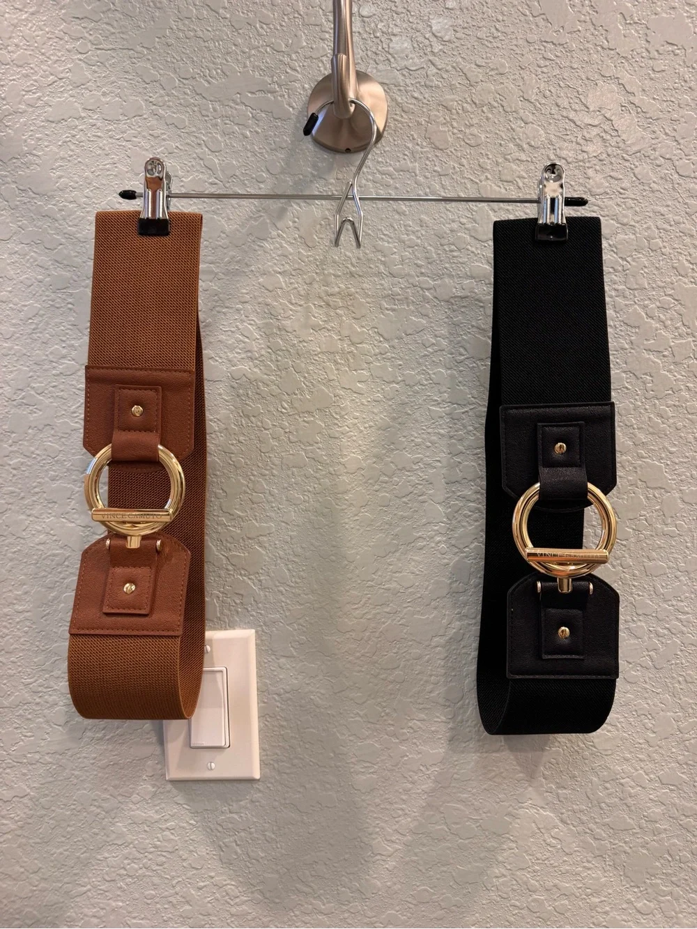 Vince Camuto Circle & Bar Interlocking Belts x2: Brown/Gold & Black/Gold